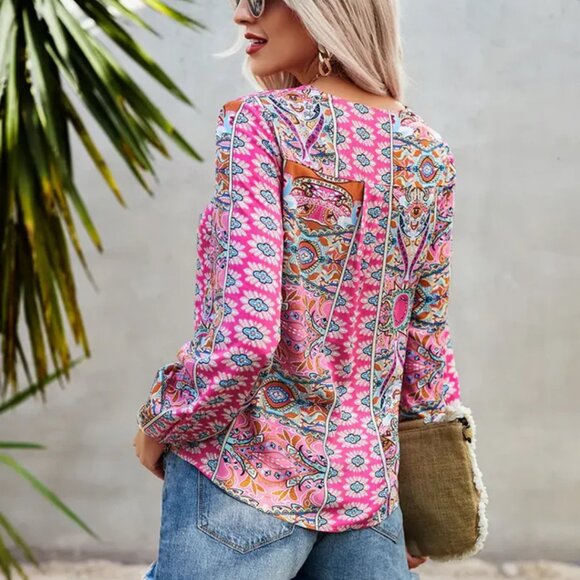 Boho Chic Printed Long-Sleeve Blouse - Pink & Multicolor - Picture 3 of 7